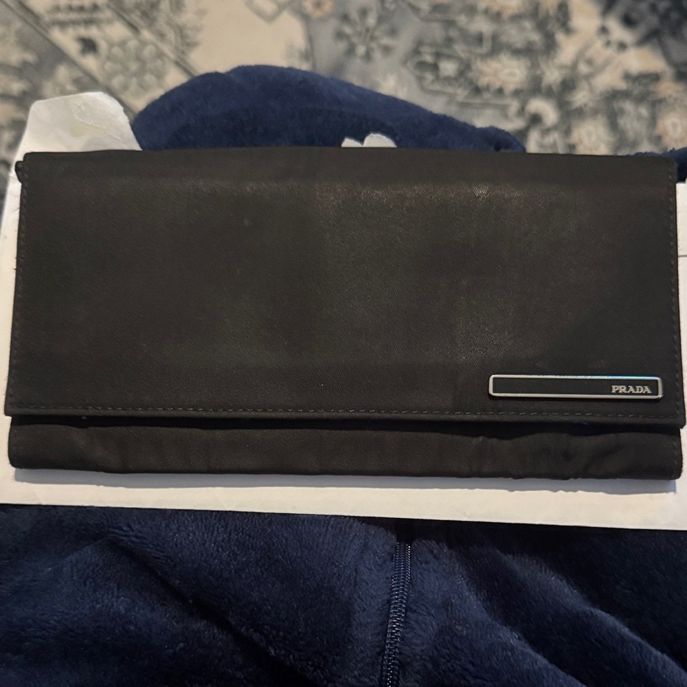 Prada Black Men's Long Trifold Wallet with Metal Logo Plaque